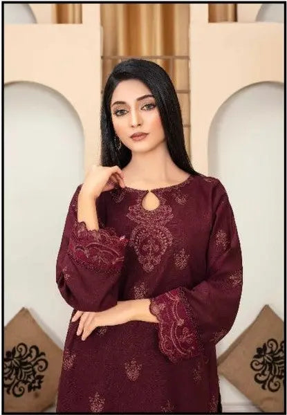 Deep Plum Embroidered Khaddar Stitched 2-Piece Suit Khoobsurat