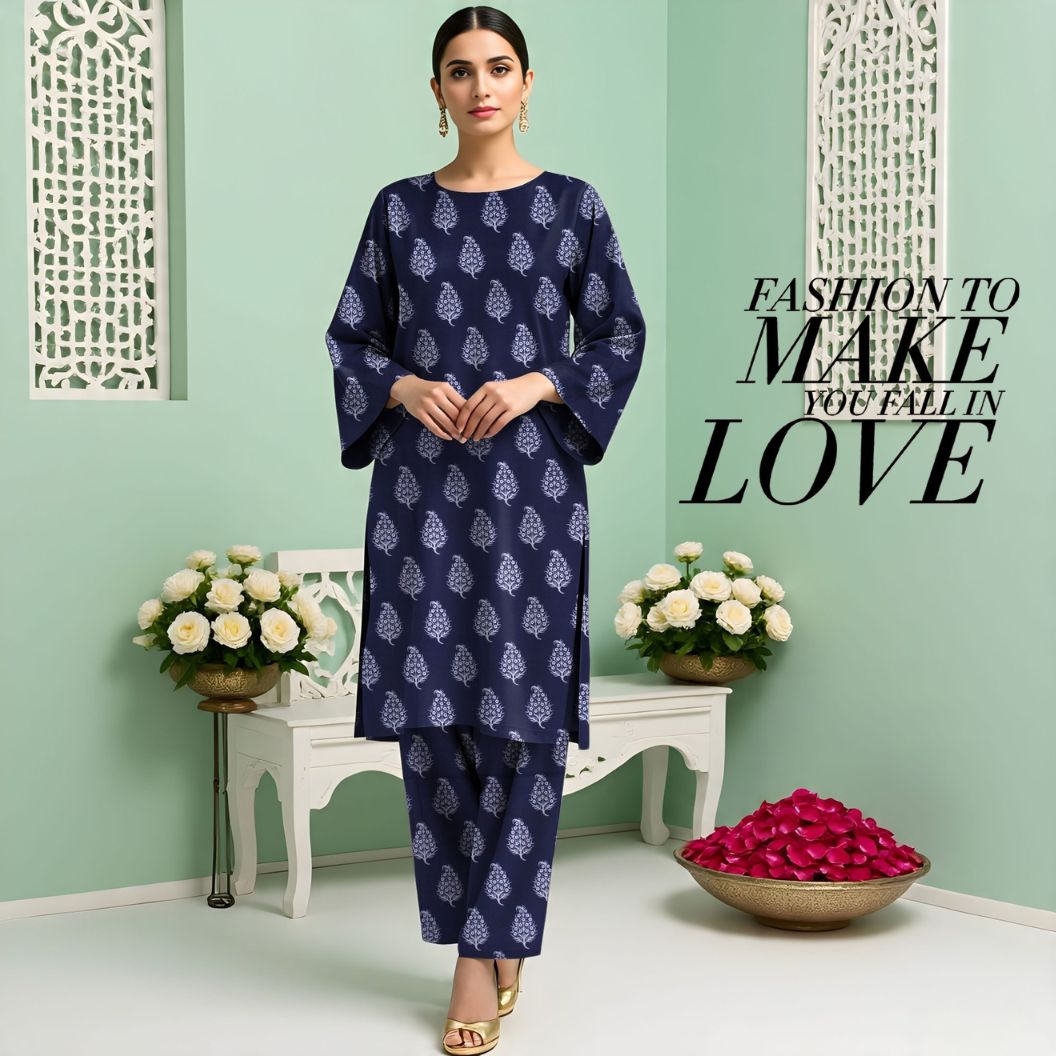 Rangmehr by Virsaah Kotrai – 2PC Allover Navy Blue - Khoobsurat