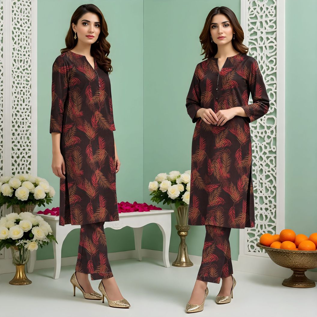 Rangmehr by Virsaah Kotrai – 2PC Allover Rust Leaf Print - Khoobsurat
