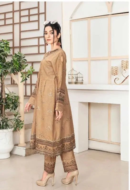 Elegant Brown Embroidered Khaddar Stitched 2-Piece Suit Khoobsurat
