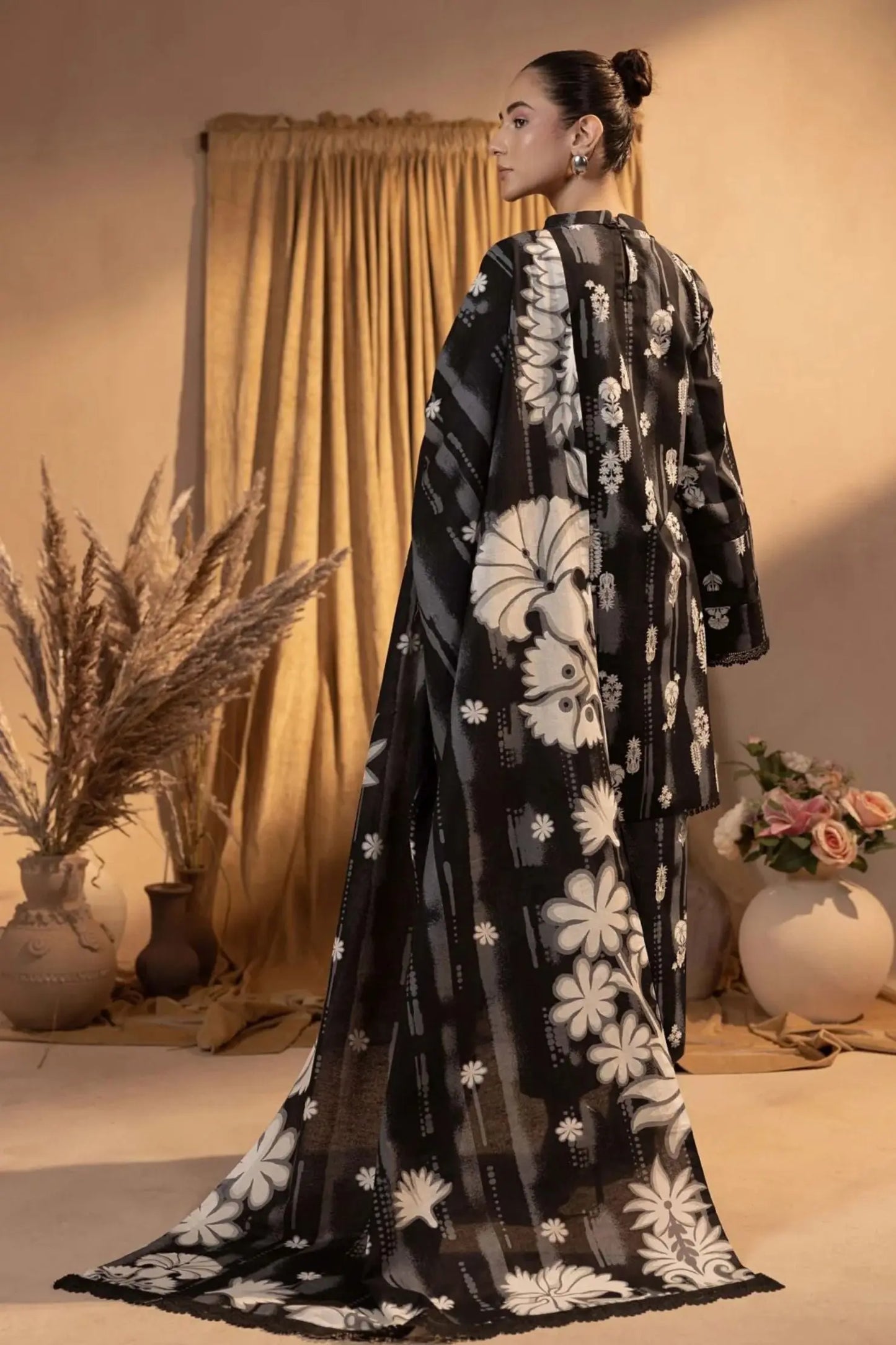Midnight Bloom Black & White Lawn 3-Piece Suit | Elegant Contrast Collection | Khoobsurat 2025 Khoobsurat