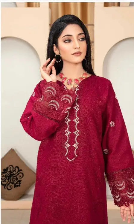 Deep Maroon Embroidered Khaddar Stitched 2-Piece Suit Khoobsurat
