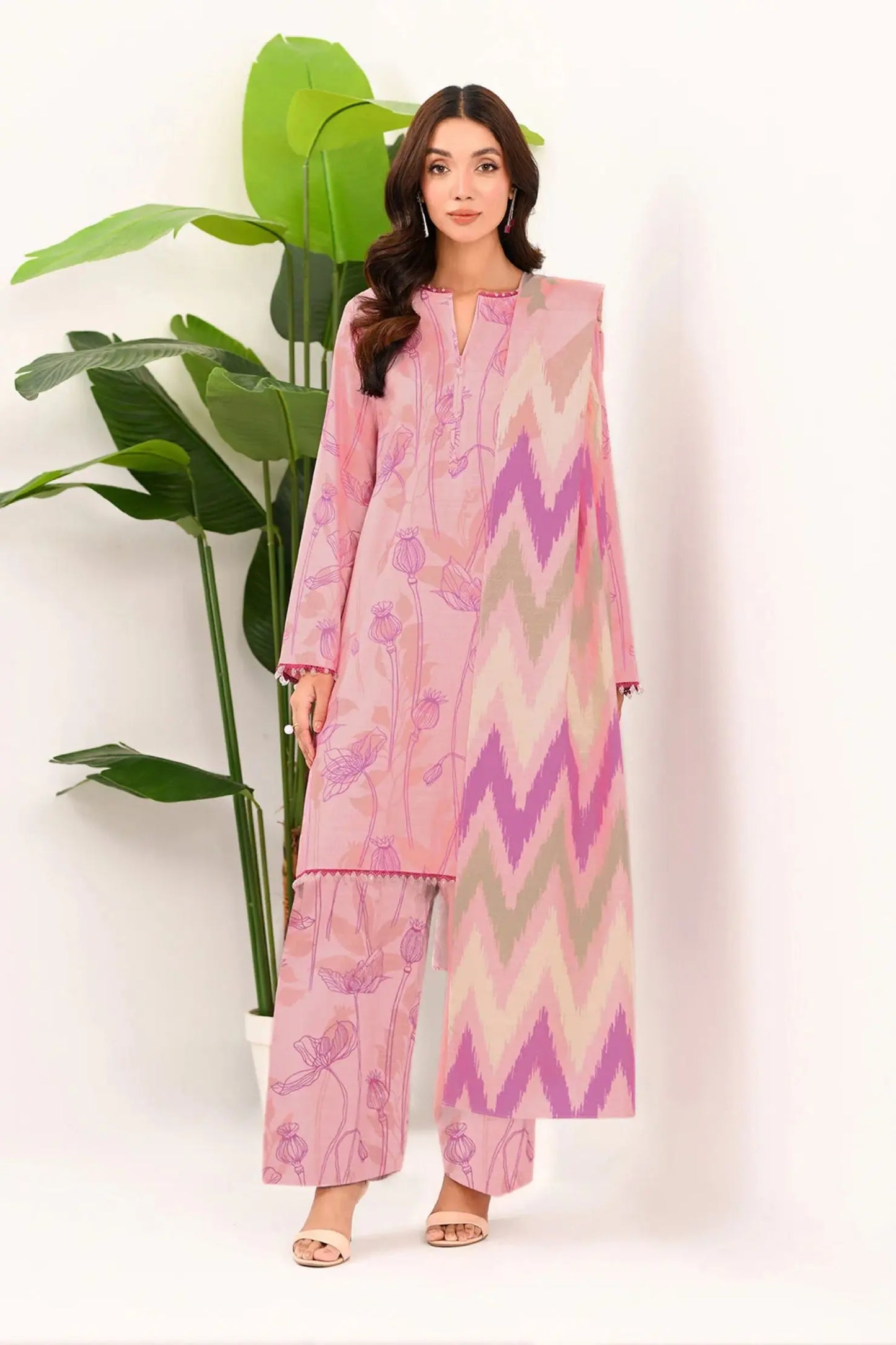 Soft Pink Floral Lawn 3-Piece Suit | Pastel Elegance & Ikat Inspired Dupatta | Khoobsurat Summer 2025 Khoobsurat