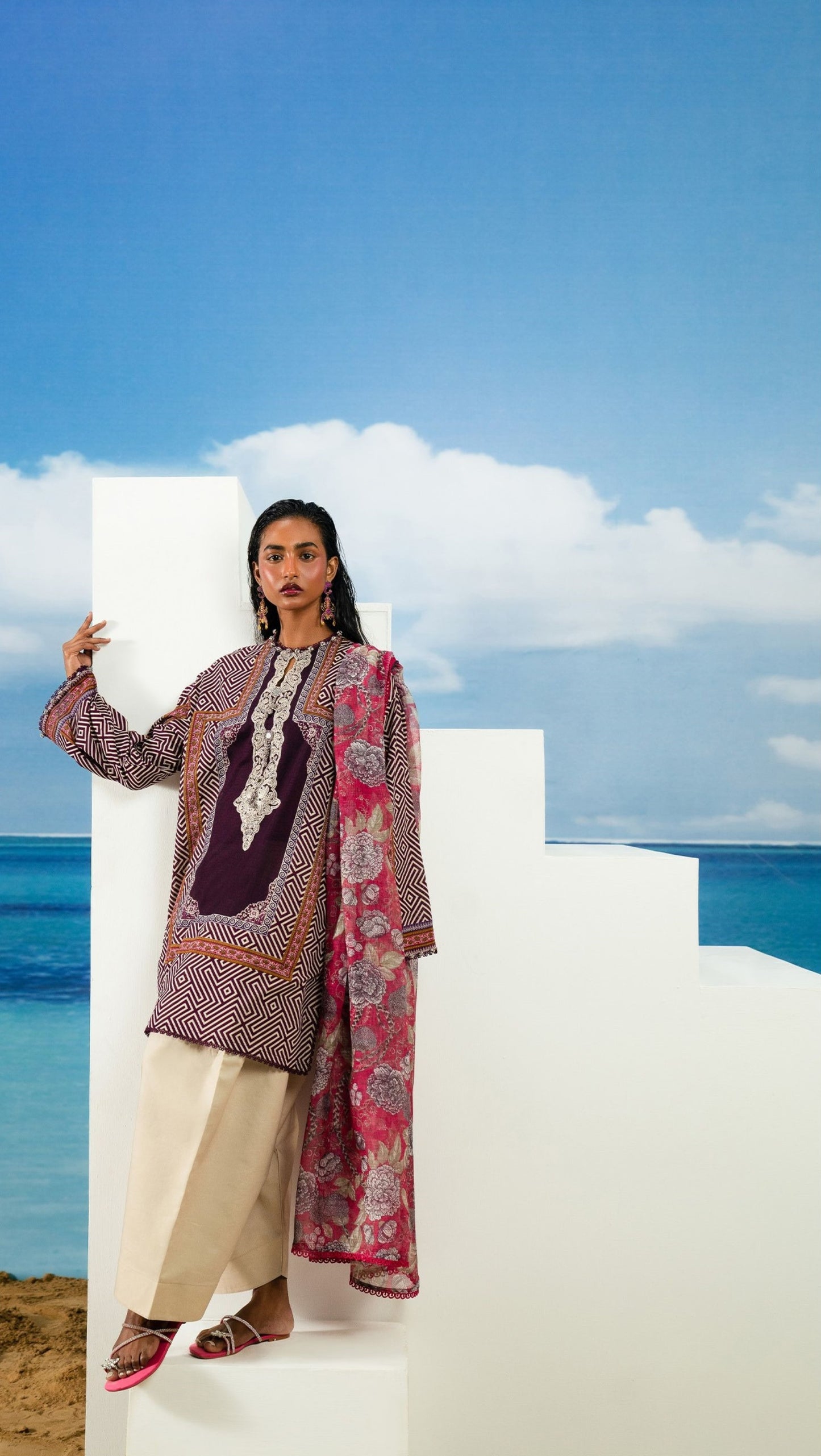 Sana Safinaz Printed Linen3Pc – Plum & Geometric Rose Contrast - Khoobsurat