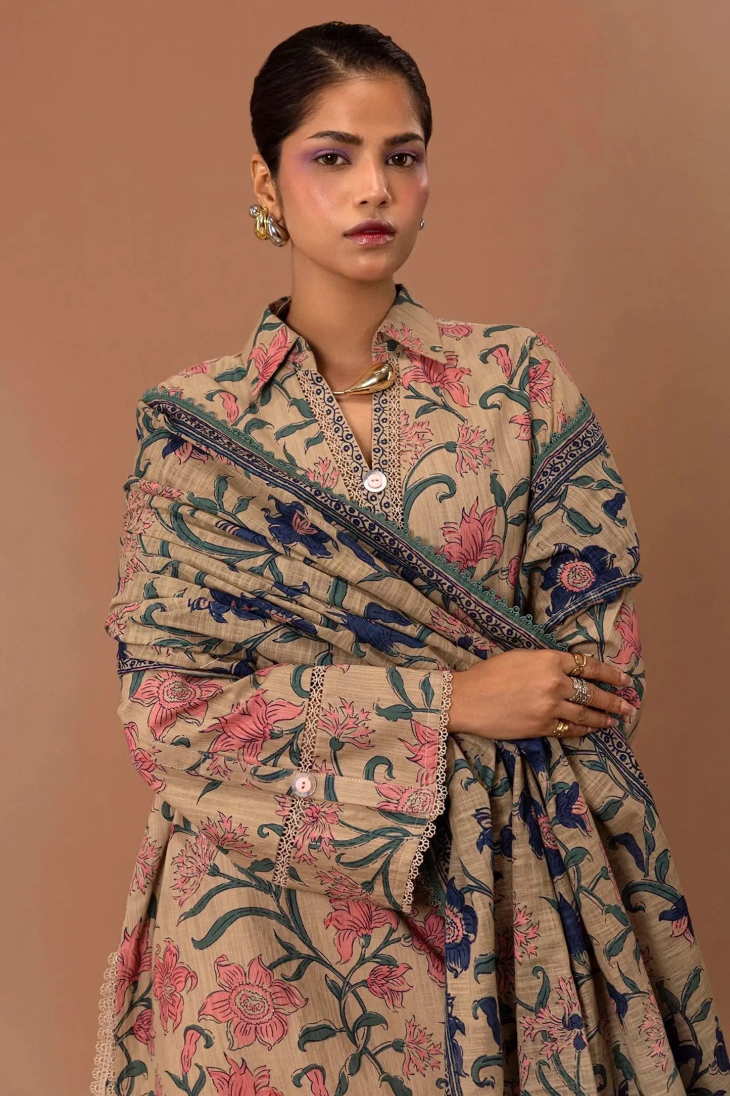 Vintage Blossom Beige 3-Piece Lawn Suit | Elegant Floral Ensemble | Khoobsurat 2025 Khoobsurat
