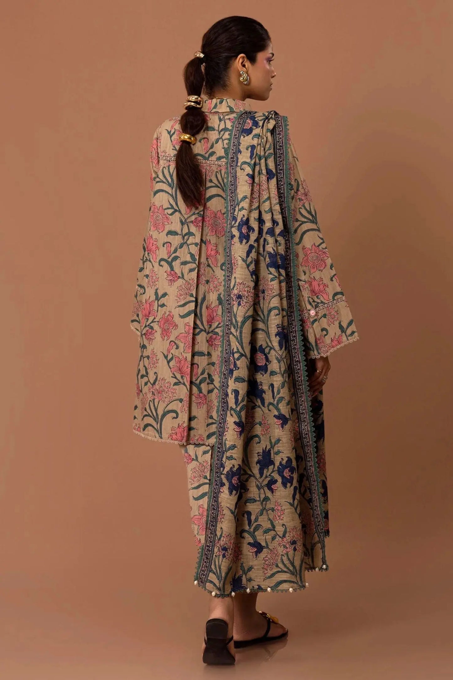Vintage Blossom Beige 3-Piece Lawn Suit | Elegant Floral Ensemble | Khoobsurat 2025 Khoobsurat