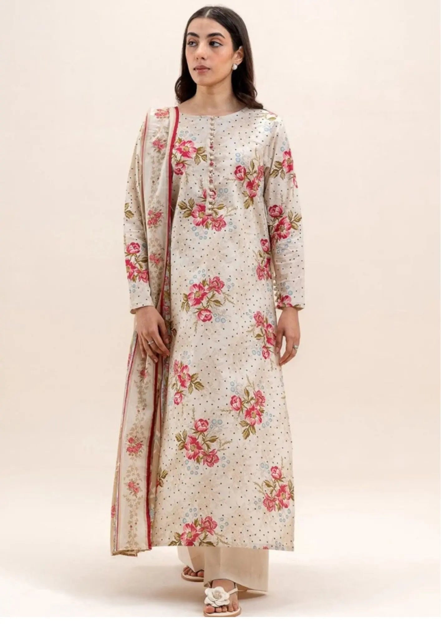 Beech Tree 3-Piece Printed Lawn Suit - Pink Floral Khoobsurat