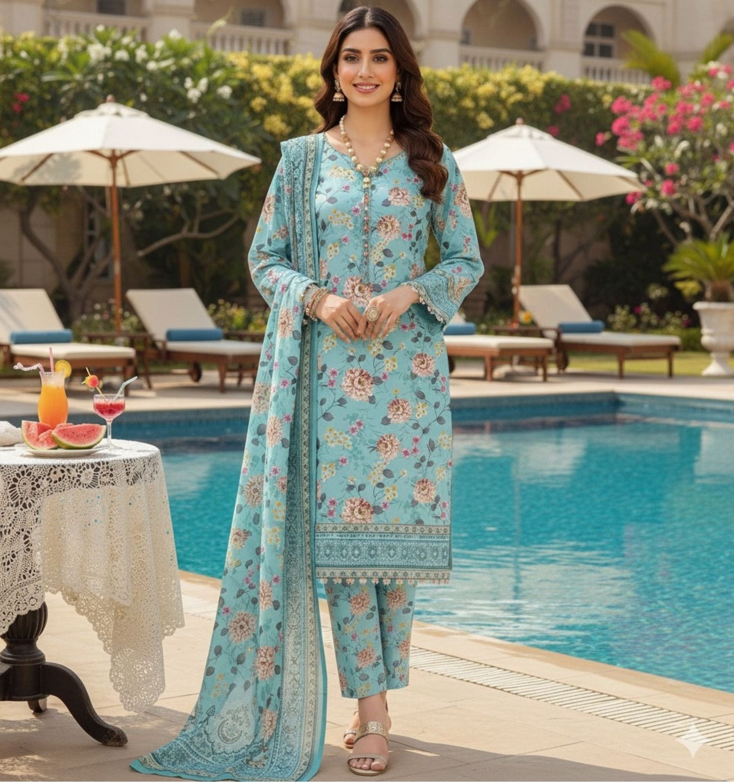 Al Karam Krandi 3 Piece – Sky Blue Floral Serenity - Khoobsurat