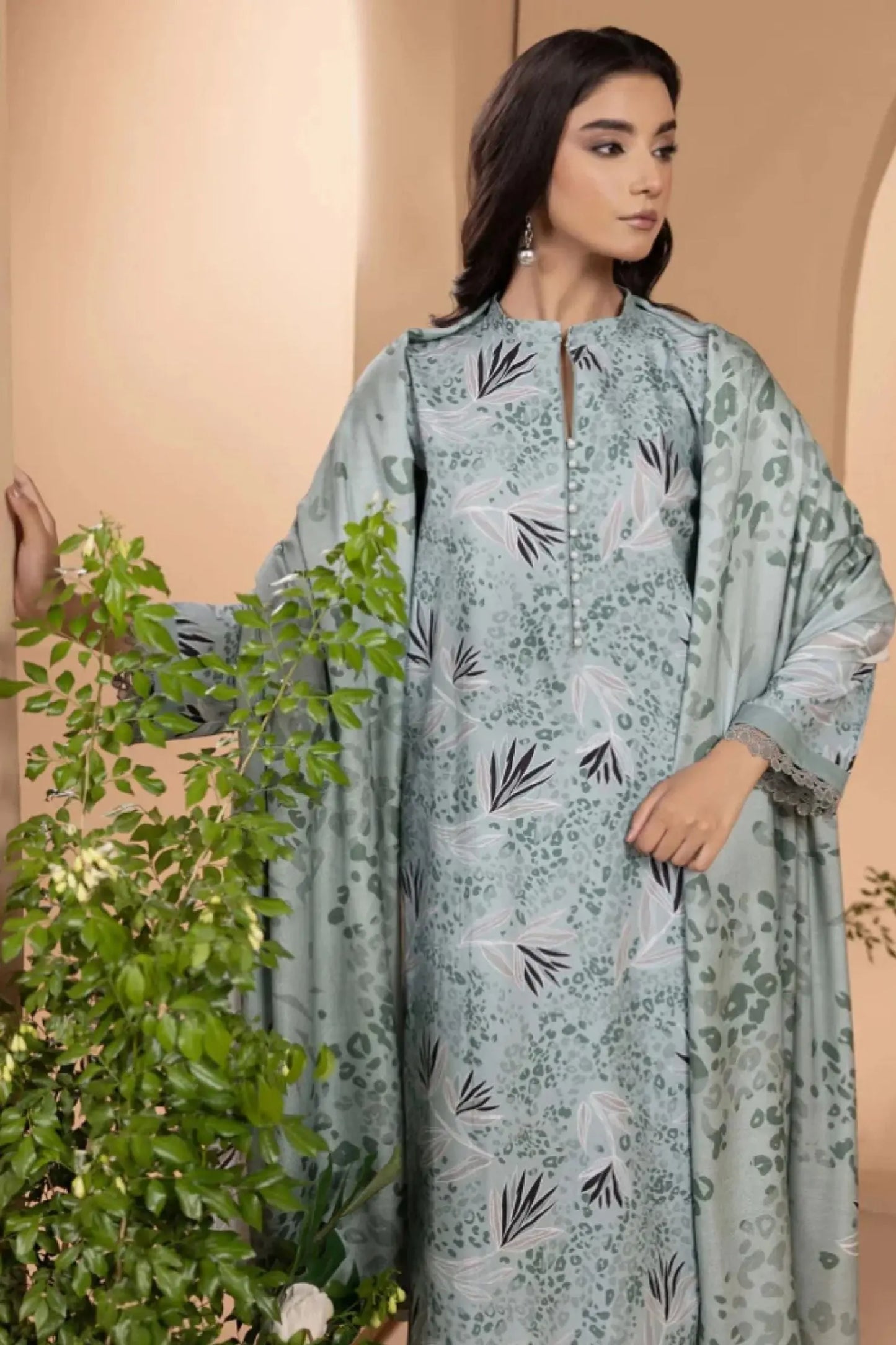 Mint Green Botanical Lawn 3-Piece Suit | Subtle Animal Print with Leafy Accents | Khoobsurat Summer 2025 Khoobsurat