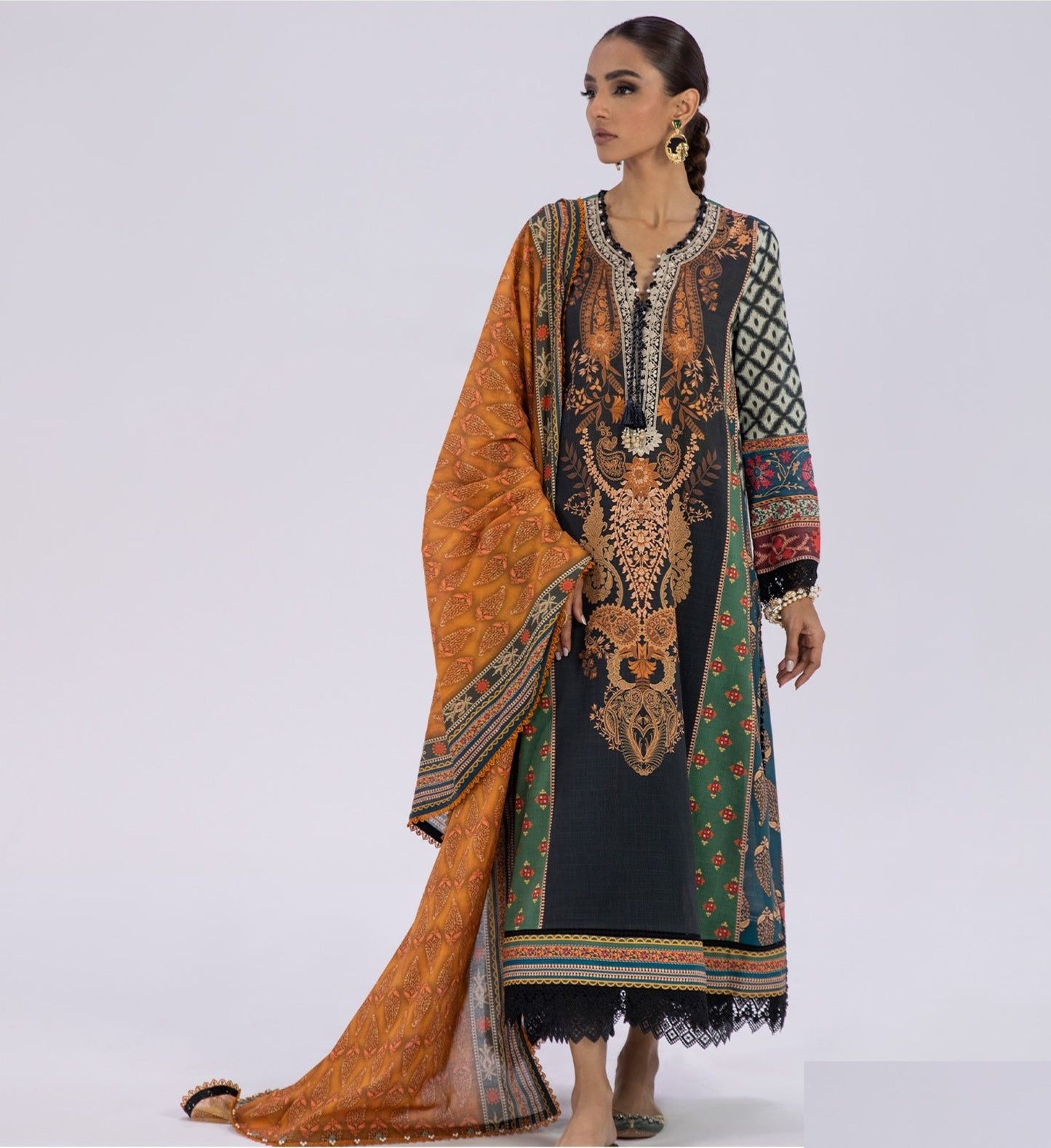 Sana Safinaz Printed Linen 3Pc – Black & Rust Ethnic Fusion - Khoobsurat