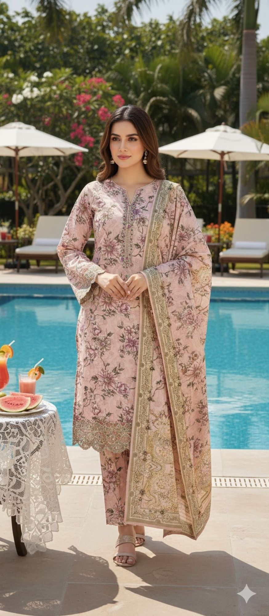Al Karam Krandi 3 Piece – Dusty Rose Floral Elegance - Khoobsurat