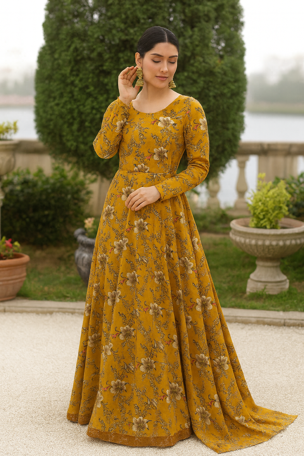 Bin Saeed Cotrai 2-Piece Printed Suit – Mustard Floral Maxi - Khoobsurat