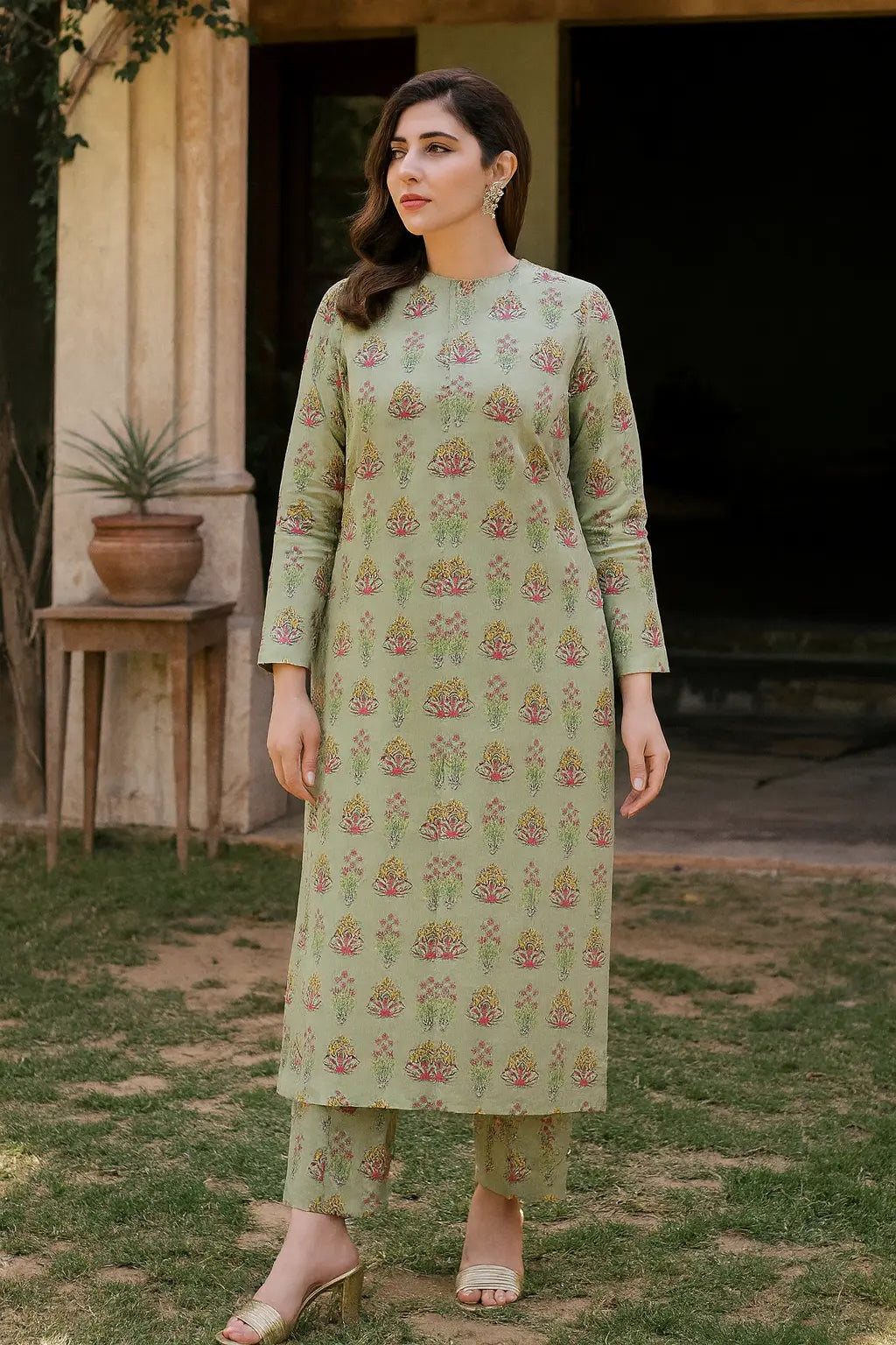 Nishat 2-Piece – Olive Pastel with Vase Floral Motifs (Unstitched) Khoobsurat