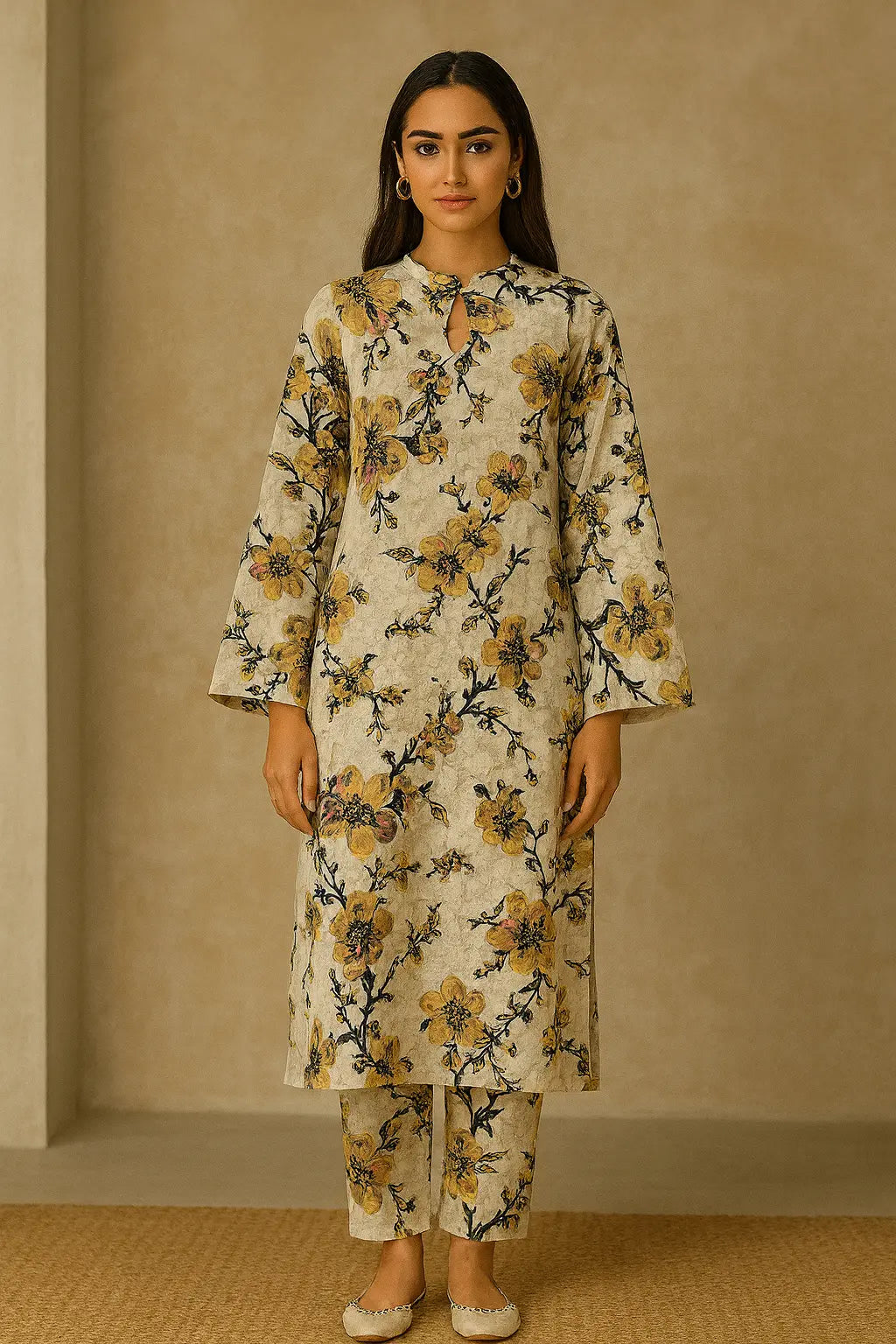Antique Beige Floral 2-Piece Lawn Suit – Vintage Charm | Summer 2025 Khoobsurat