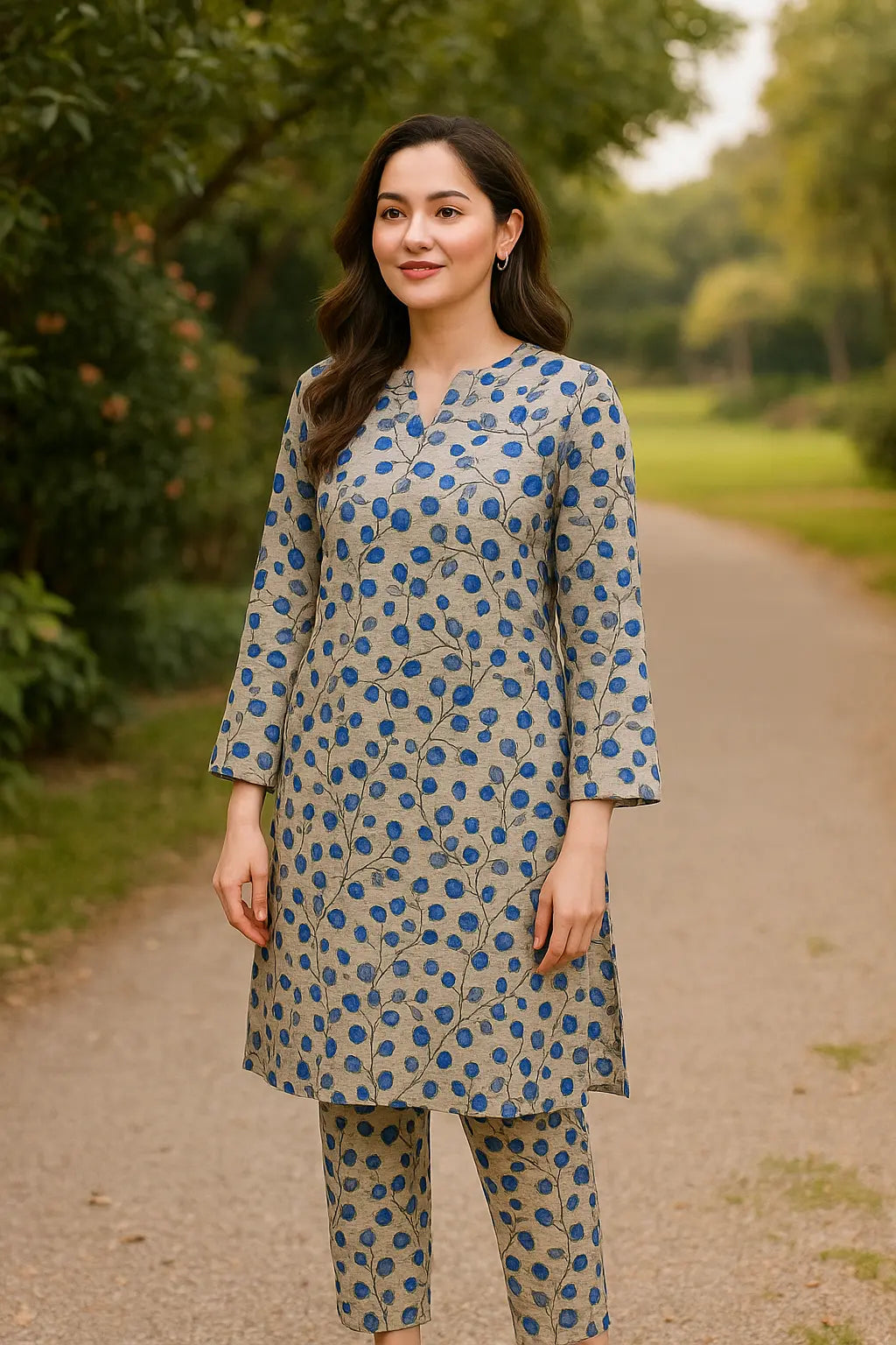 Grey & Blue Polka Floral Lilen Unstitched 2-Piece Suit Khoobsurat