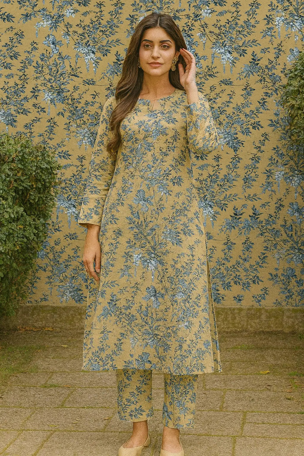 Sapphire 2-Piece – Blue Botanical on Caramel Base (Unstitched) Khoobsurat