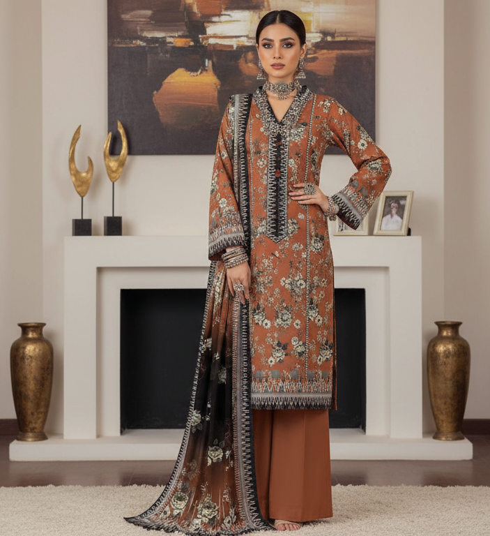 Hooriya Gold Viscose 3 Piece – Rust Floral Elegance - Khoobsurat