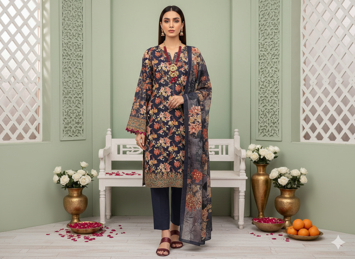 I.J by Hooriya Gold – Midnight Garden 3-Piece Unstitched Viscose Suit - Khoobsurat
