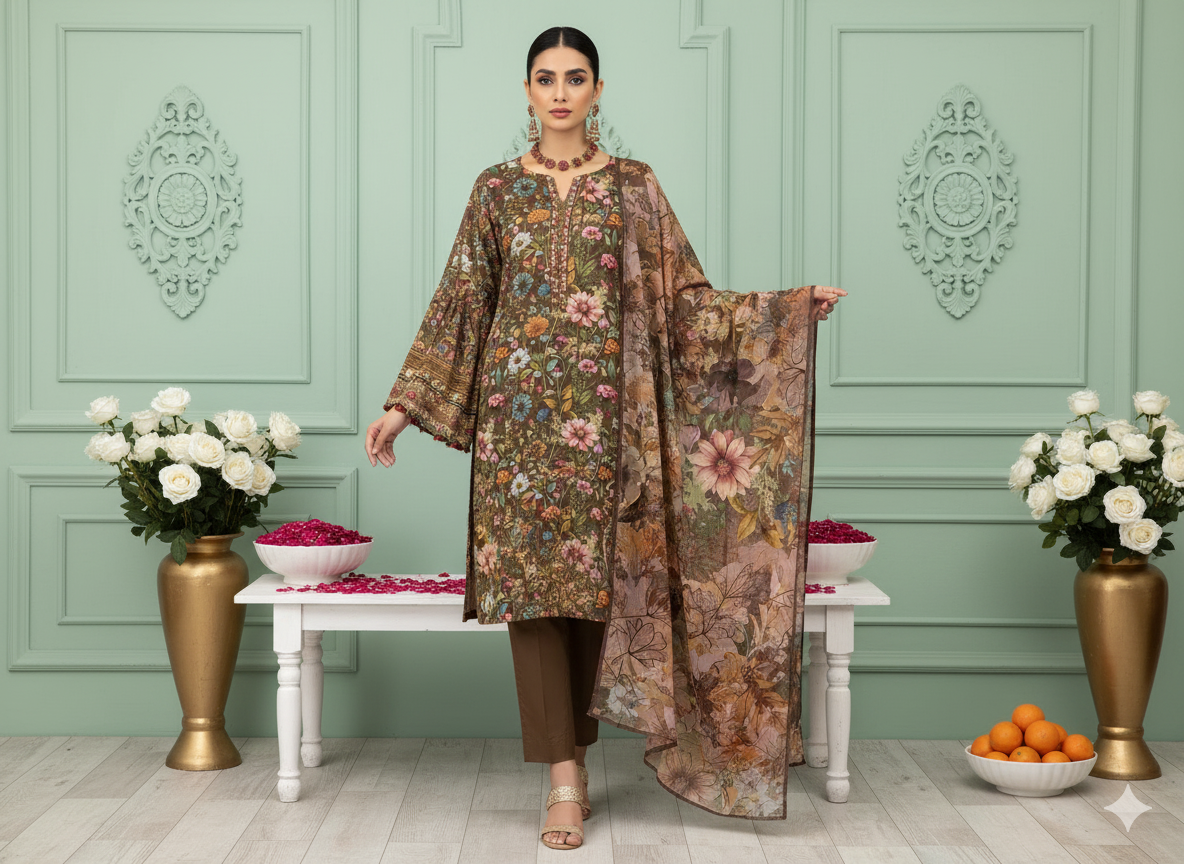 I.J by Hooriya Gold – Autumn Rust 3-Piece Unstitched Viscose Suit - Khoobsurat