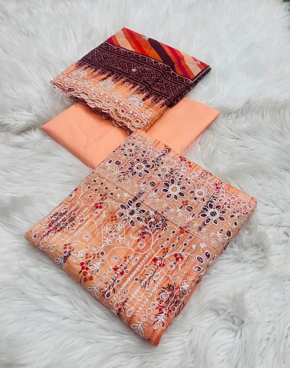 Rawayat Cut Work 3-Piece Suit with Dupatta β Peach & Maroon Contrast Khoobsurat