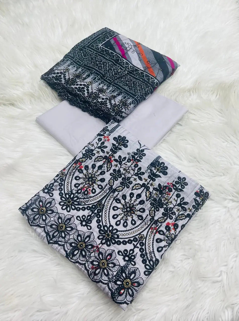 Rawayat Cut Work 3-Piece Suit with Dupatta β Grey & Black Elegance Khoobsurat