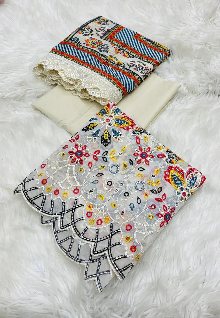 Rawayat Cut Work 3-Piece Suit with Dupatta β White & Multicolor Charm khoobsurat.store