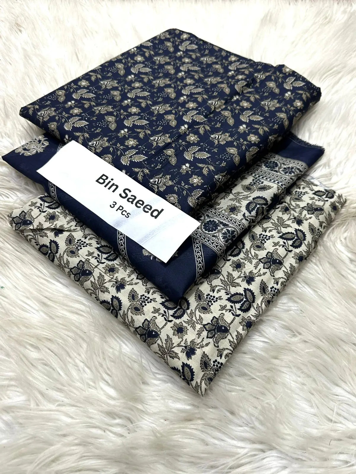 Bin Saeed 3-Piece Lawn Suit – Navy Blue & Beige Floral Print Khoobsurat