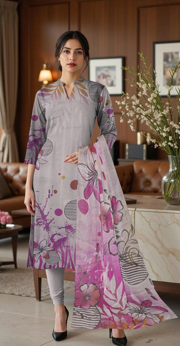 Baroque 3-Piece Viscose Suit – Grey with Abstract Magenta Accents - Khoobsurat