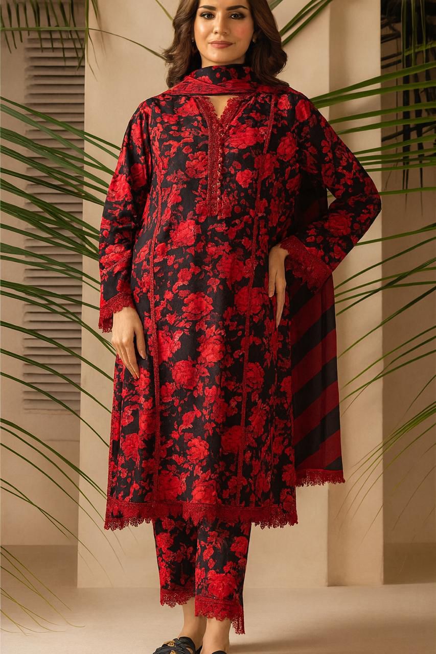 Baroque 3-Piece Linen Suit – Black & Red Floral with Lace Detailing - Khoobsurat