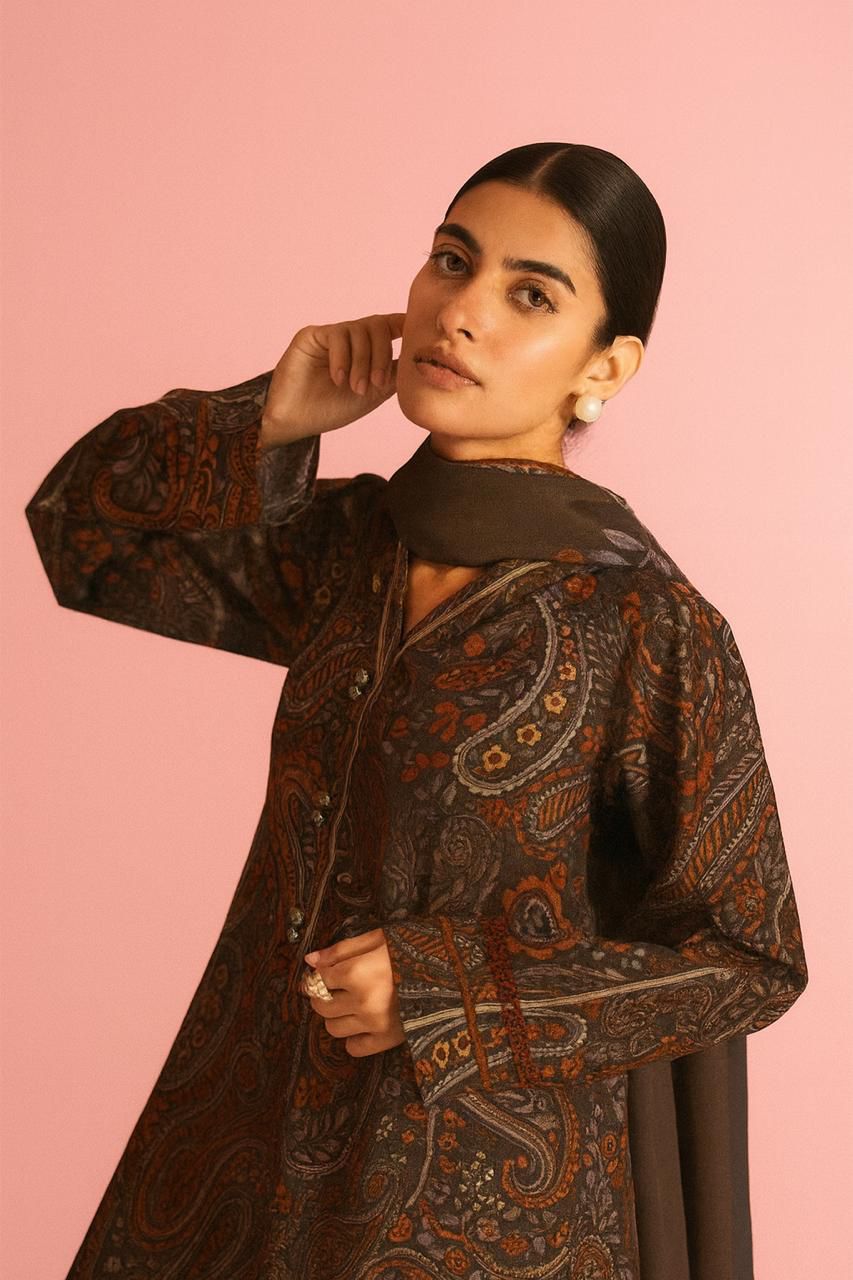 Baroque 3-Piece Linen Suit – Deep Brown Paisley Motif - Khoobsurat