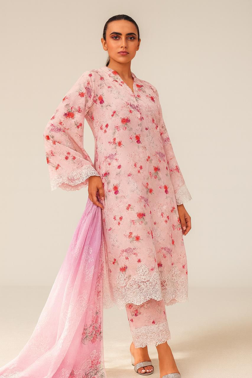 Baroque 3-Piece Embroidered Cotton Suit – Powder Pink with Lace Details - Khoobsurat