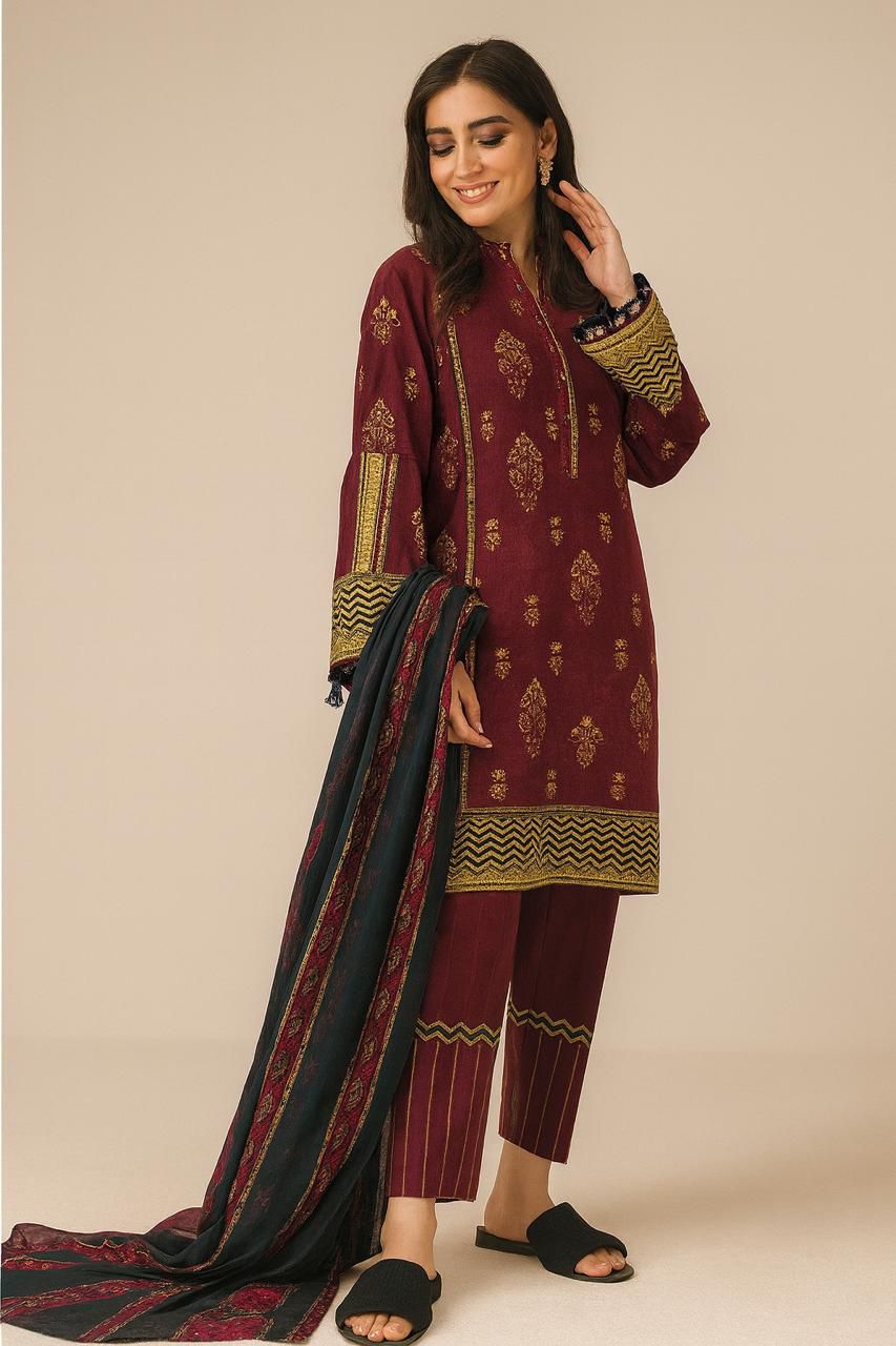 Baroque 3-Piece Embroidered Khaddar Suit – Deep Maroon with Gold Motifs - Khoobsurat