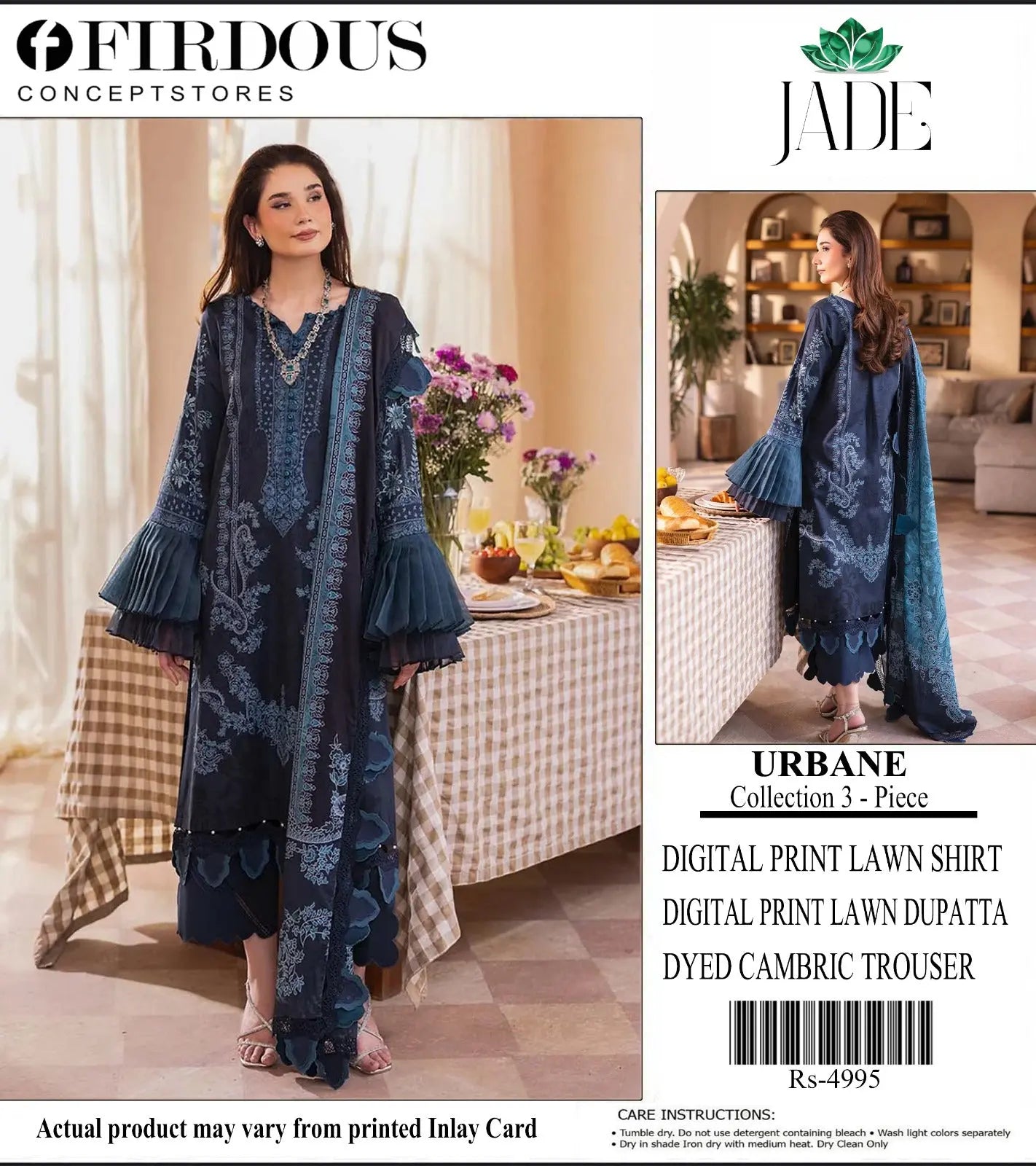 Elegant Dark Blue Digital Print Lawn Suit with Dupatta - Firdous Khoobsurat