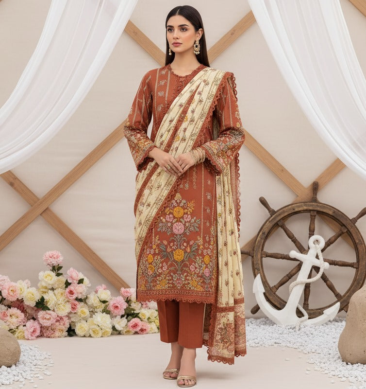 Hooriya Gold Viscose 3 Piece – Rust & Cream Floral Elegance - Khoobsurat