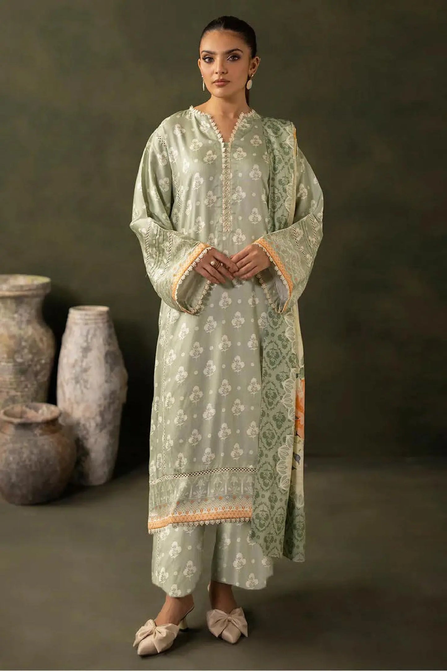 Soft Sage Green Printed Lawn 3-Piece Suit | Subtle Summer Elegance | Khoobsurat 2025 Collection Khoobsurat