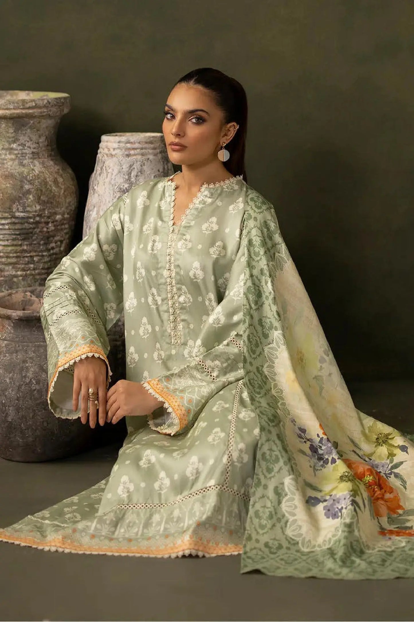 Soft Sage Green Printed Lawn 3-Piece Suit | Subtle Summer Elegance | Khoobsurat 2025 Collection Khoobsurat