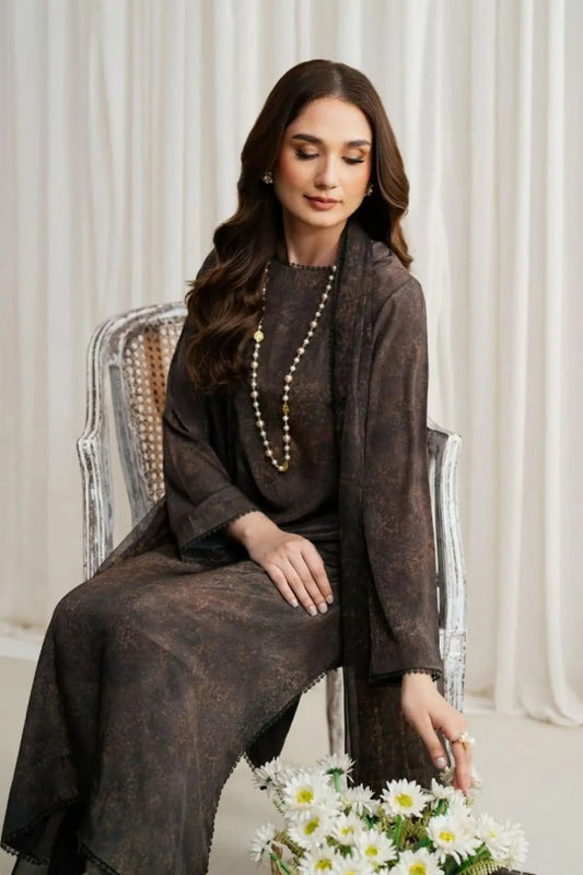 Dark Chocolate Brown Textured Lawn 3-Piece Suit | Subtle & Sophisticated | Khoobsurat Summer 2025 Khoobsurat