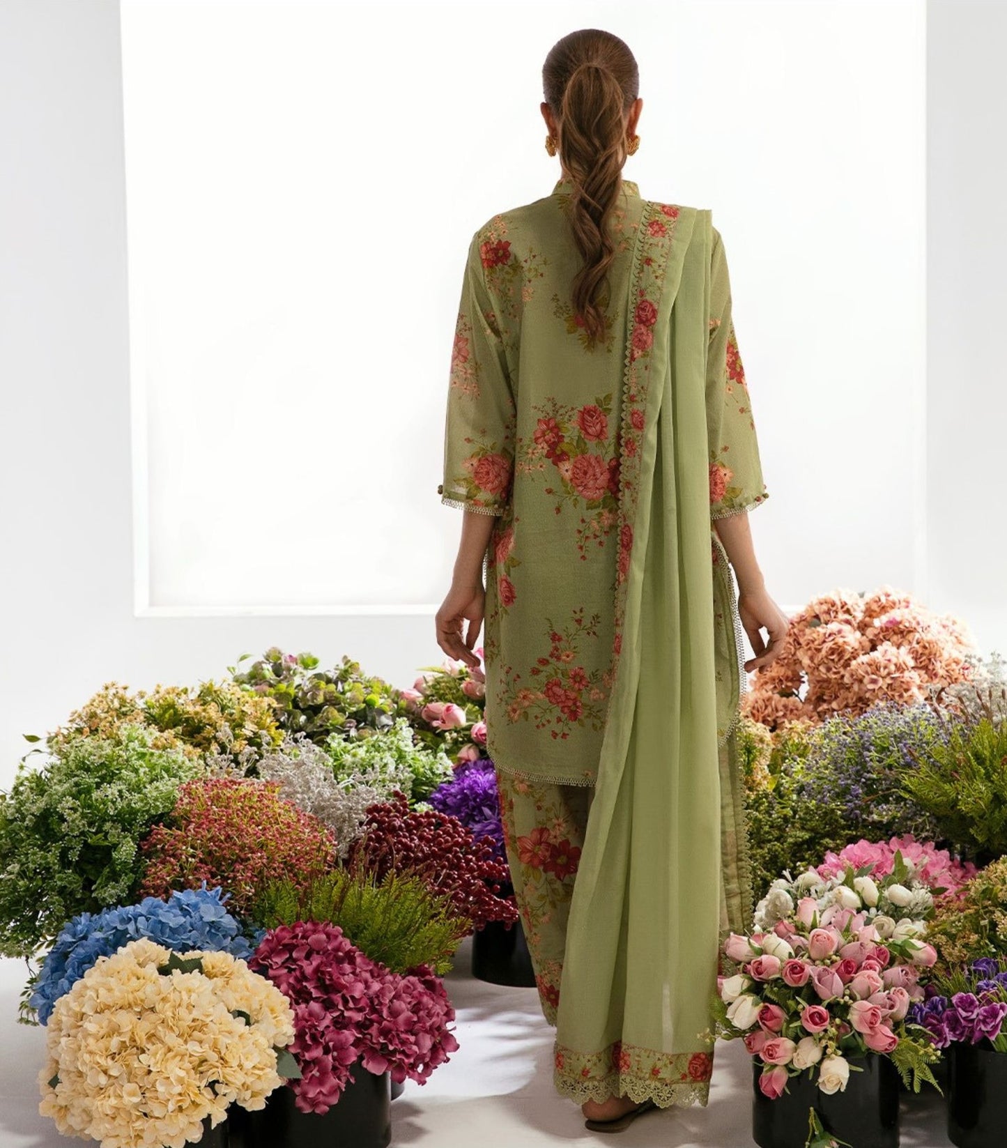 Sana Safinaz Printed Linen 3Pc – Olive Green with Rose Florals - Khoobsurat