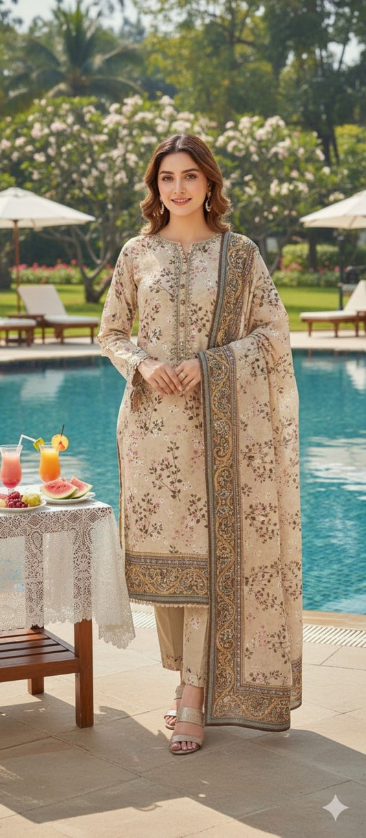 Al Karam Krandi 3 Piece – Beige Garden Bloom - Khoobsurat