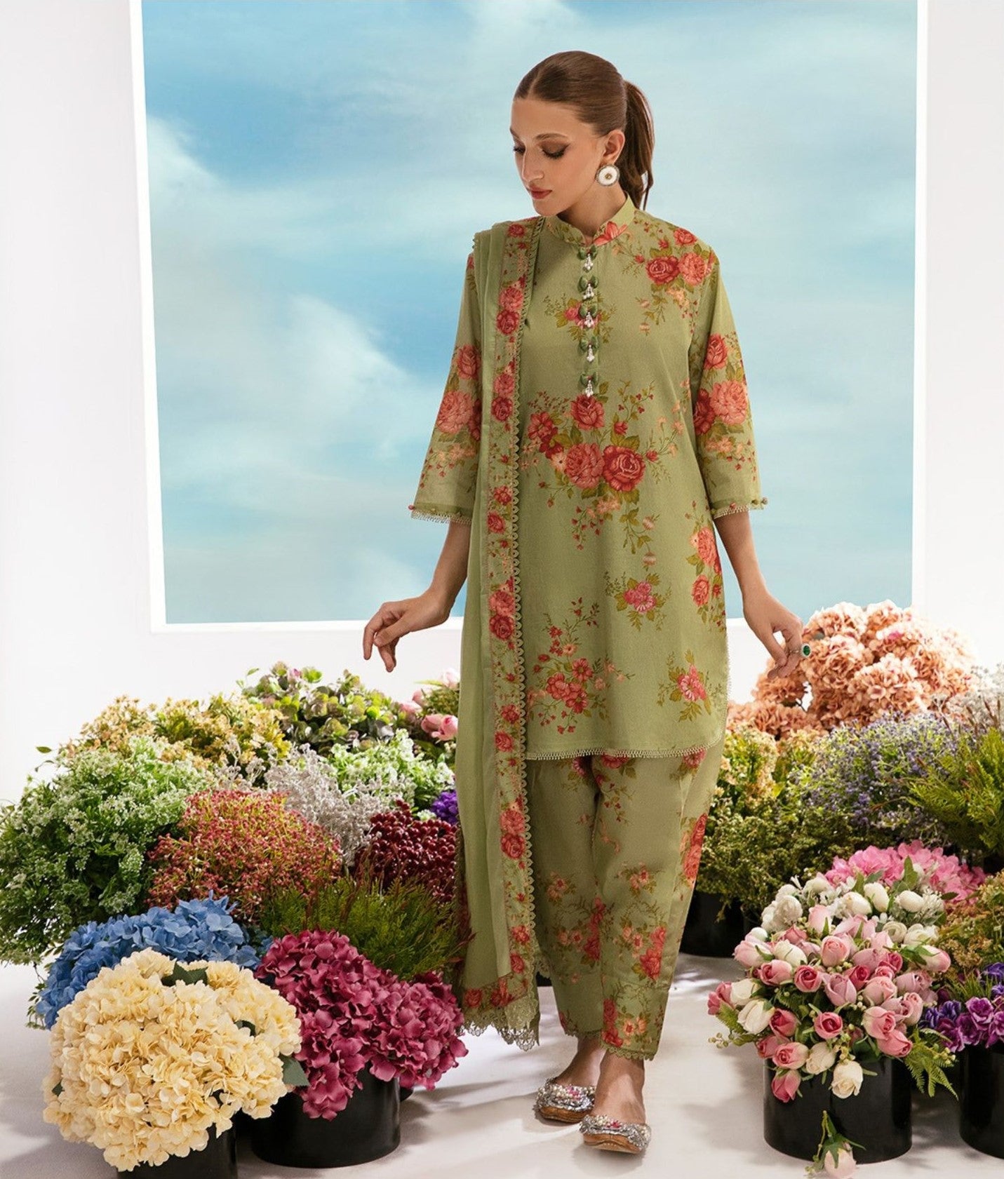Sana Safinaz Printed Linen 3Pc – Olive Green with Rose Florals - Khoobsurat