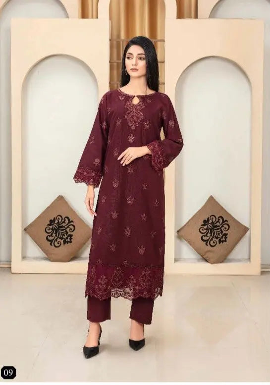 Deep Plum Embroidered Khaddar Stitched 2-Piece Suit Khoobsurat
