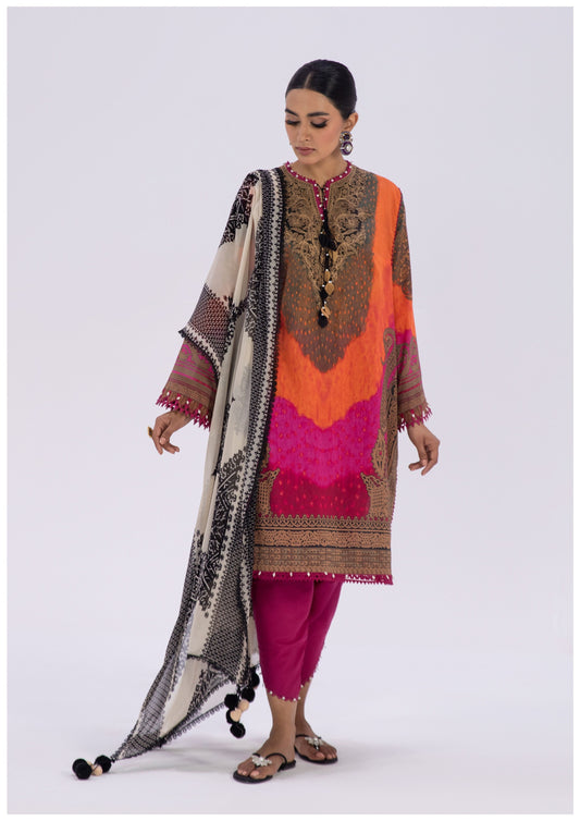 Sana Safinaz Printed Linen 3Pc – Sunset Orange & Magenta Fusion - Khoobsurat