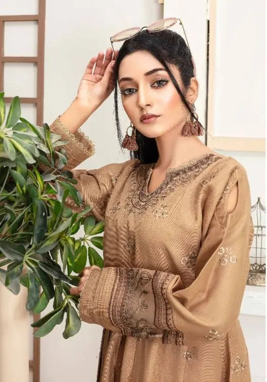 Elegant Brown Embroidered Khaddar Stitched 2-Piece Suit Khoobsurat