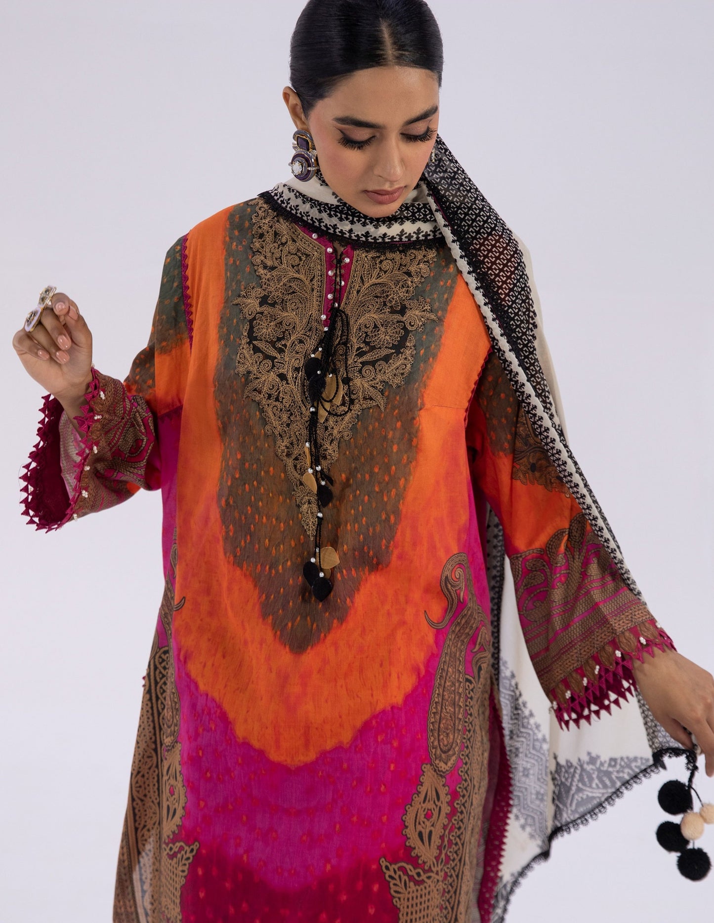 Sana Safinaz Printed Linen 3Pc – Sunset Orange & Magenta Fusion - Khoobsurat