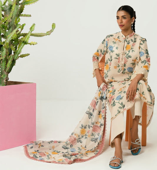 Sana Safinaz Printed Linen3Pc – Cream with Pastel Garden Florals - Khoobsurat