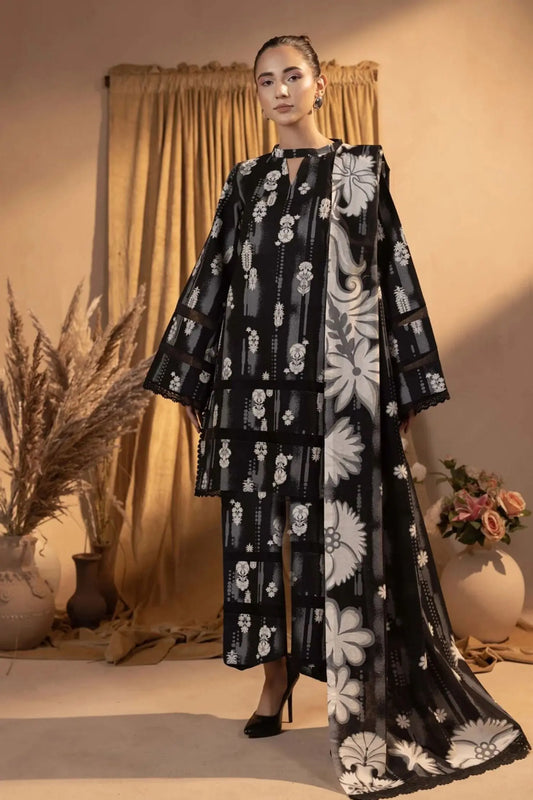 Midnight Bloom Black & White Lawn 3-Piece Suit | Elegant Contrast Collection | Khoobsurat 2025 Khoobsurat