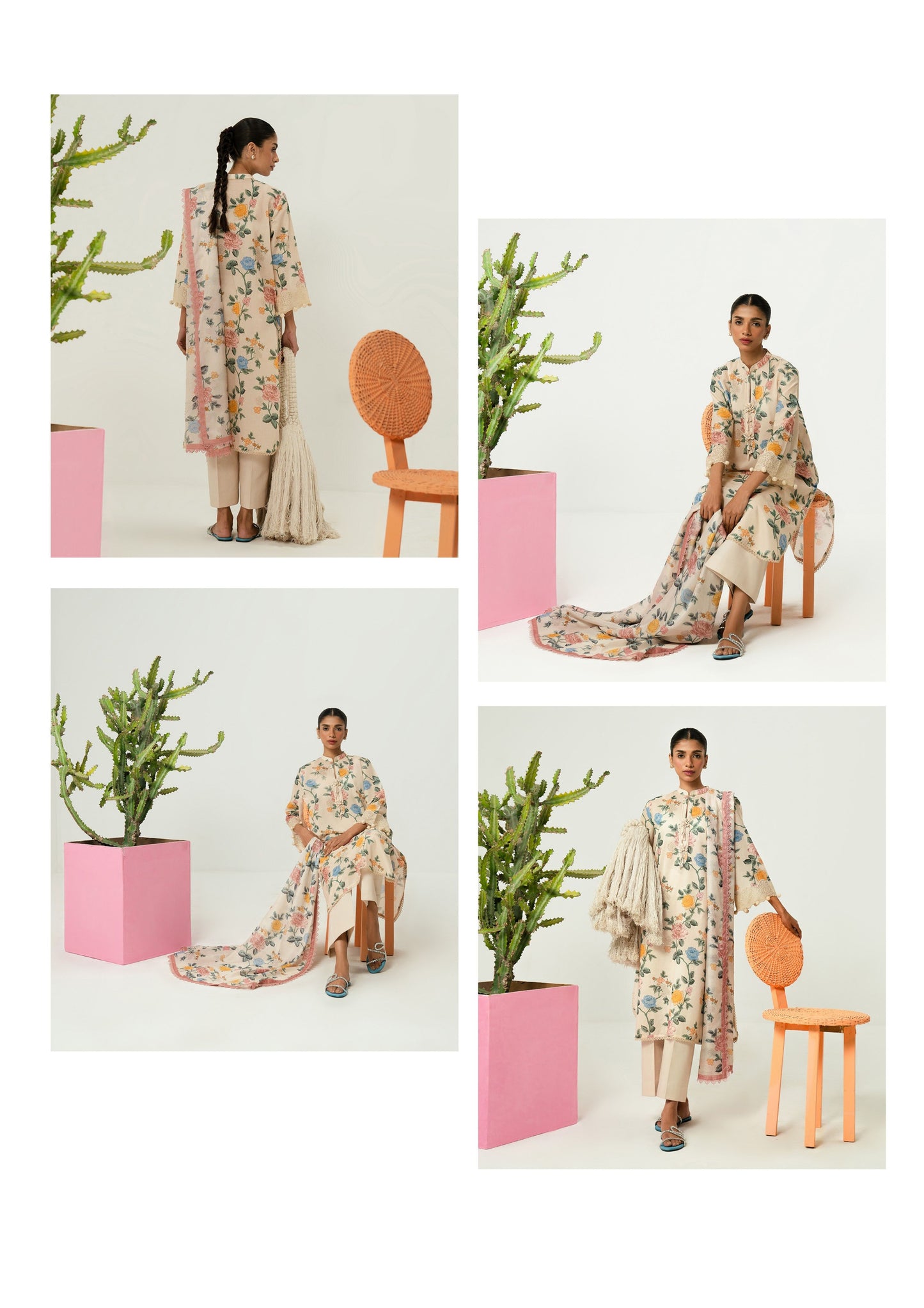 Sana Safinaz Printed Linen3Pc – Cream with Pastel Garden Florals - Khoobsurat