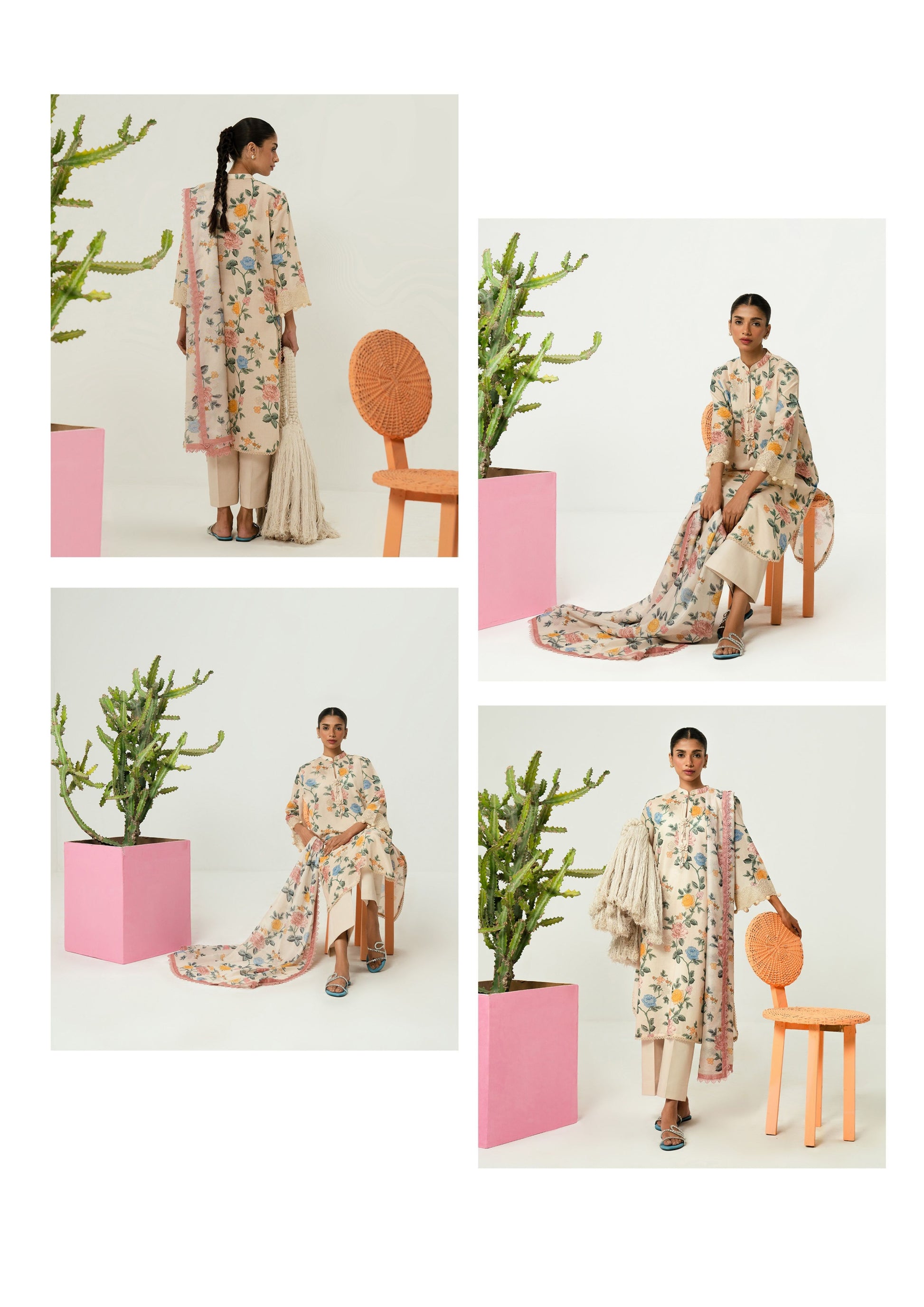 Sana Safinaz Printed Linen3Pc – Cream with Pastel Garden Florals - Khoobsurat