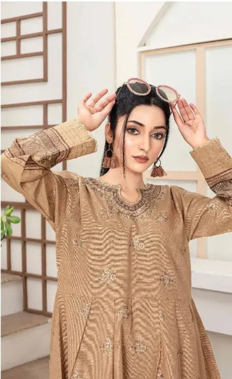 Elegant Brown Embroidered Khaddar Stitched 2-Piece Suit Khoobsurat