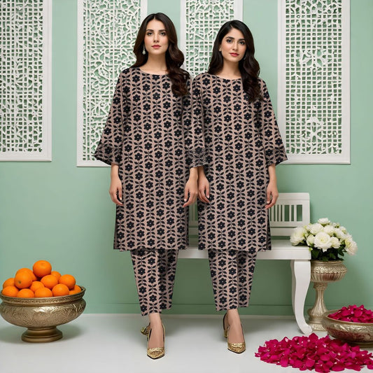 Rangmehr by Virsaah Kotrai – 2PC Allover Beige Black Print - Khoobsurat